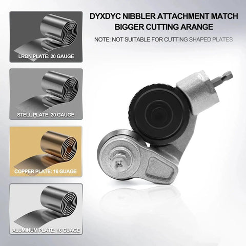 Sheet Metal Nibbler Drill Attachment For Electric Drills, 21 Gauge And Below Cutter Nibbler with cutting examples