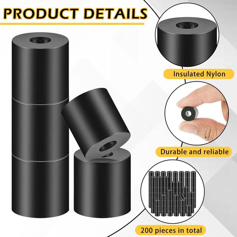 Stack of 200 Pcs Black Nylon Spacers Half Inch Thick, Outer Diameter Half Inch, Inner Diameter 0.194 Inch for electronics.