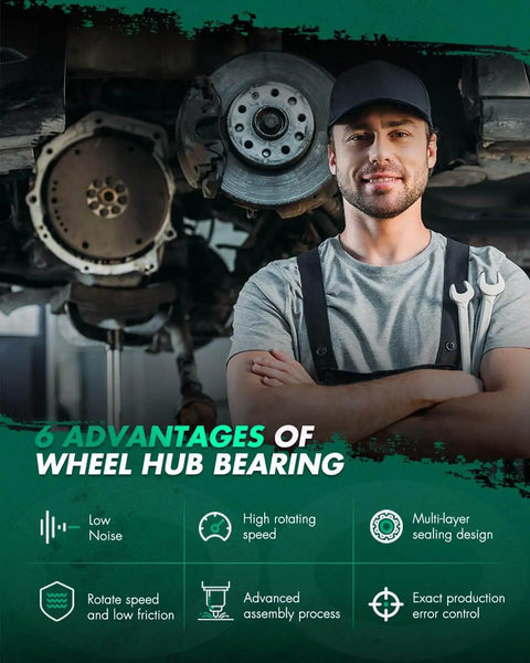 Mechanic with wheel hub bearing benefits, featuring 2pcs Front Wheel Hub Bearing 513121 Pack for Buick, Cadillac, Chevy, Pontiac.