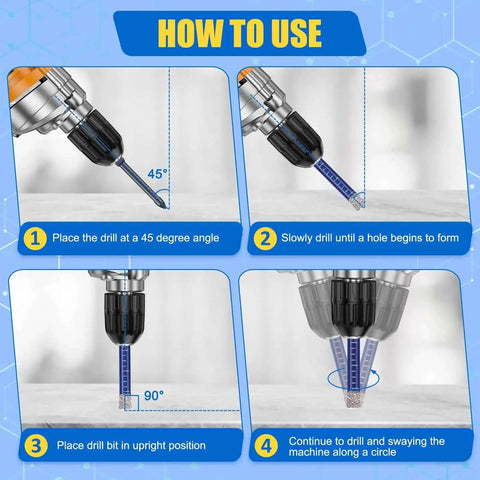 Instructions for using Pro Grade Nine Piece Dry Diamond Drill Bit Set For Ultra Fast Dry Drilling With Durable Storage Case Includes One Quarter, Five Sixteenths, Three Eighths And One Half Inch Bits With One Quarter Inch Hex Shank Anglekai, showing step-by-step drilling process.