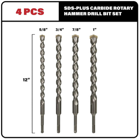 Front view of Go To Heavy Duty 4 Piece 12 Inch SDS Plus Drill Bit Set with carbide tips for masonry, brick, stone, and concrete.