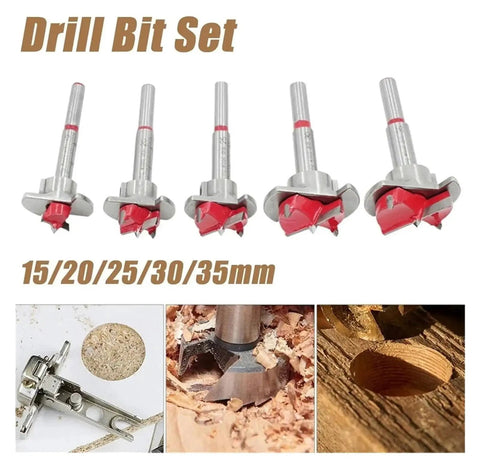 Carbide Hinge Hole Opener Drill Bit Set for Woodworking with 15, 20, 25, 30, 35mm sizes, ideal for hinges and perforated woodwork.