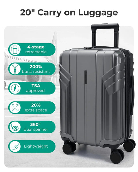 Expandable Carry On Luggage Airline Approved 22x14x9 Inches 35 Liter Capacity Ultra Lightweight 6.83 Lb 100 Percent Polycarbonate Hard Shell 20 Inch Spinner Wheels Waterproof Rolling Suitcase Gray.