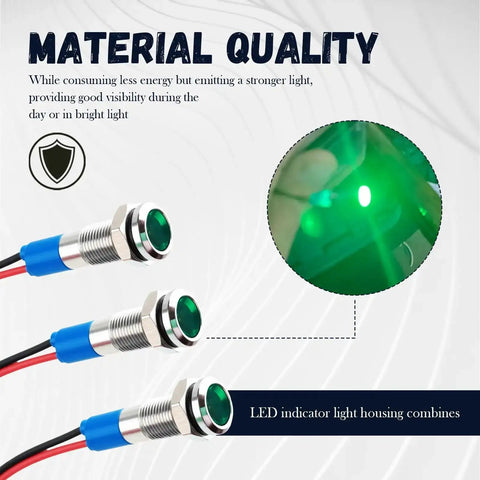 Three green LED indicator lights with metal housing and wires labeled "Material Quality" for Five Pack 6mm Car LED Indicator Lights 12V