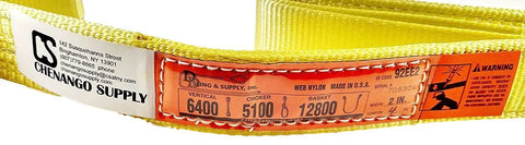 Close-up: 2in x 4ft nylon lifting sling, yellow, 2-ply 900 webbing with eye-to-eye ends, USA-made; 6400/5100/12800 lb ratings