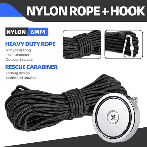 Neodymium Fishing Magnet 60mm 500lb Pull 65ft Rope For Lake Beach Lawn with coiled black nylon rope and carabiner
