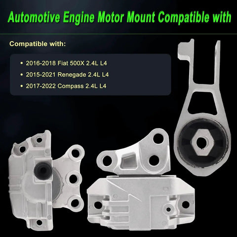 Engine Mount Set For 2.4L Fiat 500X Renegade Compass And Ram ProMaster City Direct Fit Replacement showing mounts on black background
