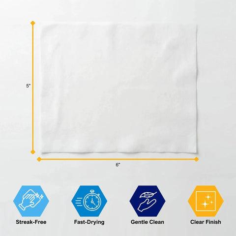Anti Fog Lens And Screen Cleaning Wipes For Eyeglasses And Devices Premoistened, 5x6 inches with icons showing benefits.