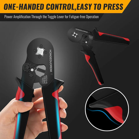 Person holding Pro Grade No-Fuss Self-Adjusting Wire Ferrule Crimp Tool Kit with ergonomic grip and ratchet pliers