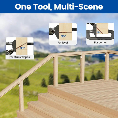 Upgraded Multi Angle Cable Railing Drill Guide Jig For 30 45 90 Degree Angles DIY Friendly Drilling Template With Four Size Options For Horizontal Wood Posts Makes Cable Railing Install Quick Precise And Simple on a wooden deck railing.
