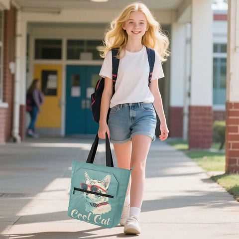 Girl carrying Cool Cat Sunglasses Tote Bag For Book Lovers With Zipper Pocket, walking at school.