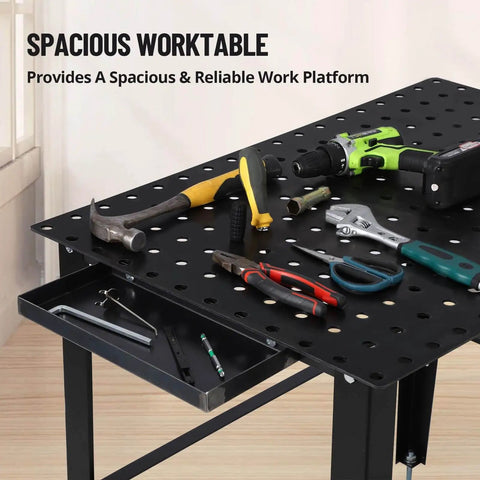 Beefy Heavy Duty 36x24 Welding Table With Five Eighth Inch Tool Holes And Adjustable Legs with tools on surface