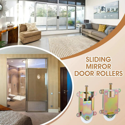 Installation view of 4 Pack Two And A Half Inch Sliding Mirror Closet Door Rollers Wheels Replacement Assembly with Nylon Concave Ball Bearing Wheels under sliding doors.
