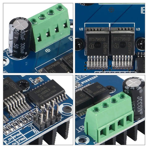Four views of 5 Pack 43A DC Motor Driver Module H Bridge With PWM Current Limit for Smart Car Projects, showing BTS7960 components.