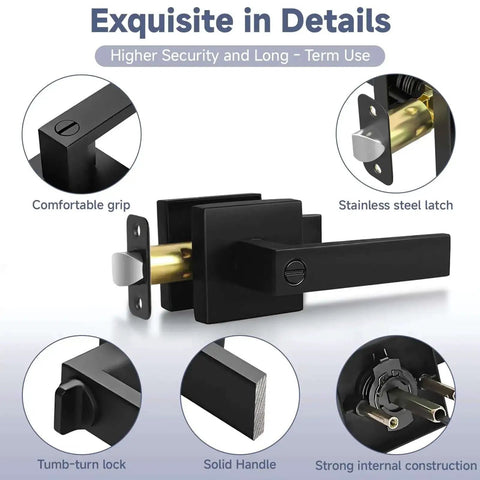 Privacy Door Lock Set 10 Pack Matte Black Keyless Door Handles showing features like comfortable grip, stainless steel latch, and zinc alloy body.
