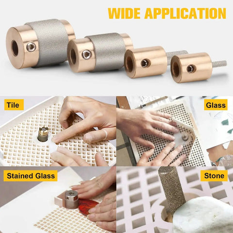 Diamond Grinder Bit Head Tools For Stained Glass Set With Brass Core Pro Grade Four Piece Diamond Bit Set In Sizes One Inch One And Three Fourths Inch One Quarter Inch And One Eighth Inch With Allen Wrenches Ecarke with application examples on tile, glass, stained glass, and stone.