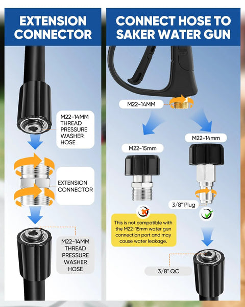Saker pressure washer hose connector set, 10 pcs; M22-14mm to 3/8 inch quick-connect adapters; chrome metal fittings.