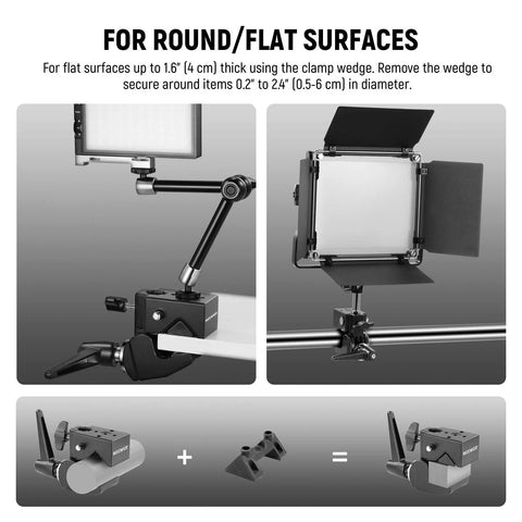NEEWER black metal Super Clamp with 5/8in stud, 2.4in jaw, heavy-duty clamp for round/flat surfaces in photography lighting.