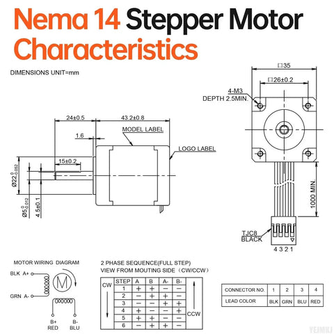 High Torque Nema 14 Stepper Motor For 3D Printers CNC Machines And DIY Robots schematic diagram with dimensions and wiring