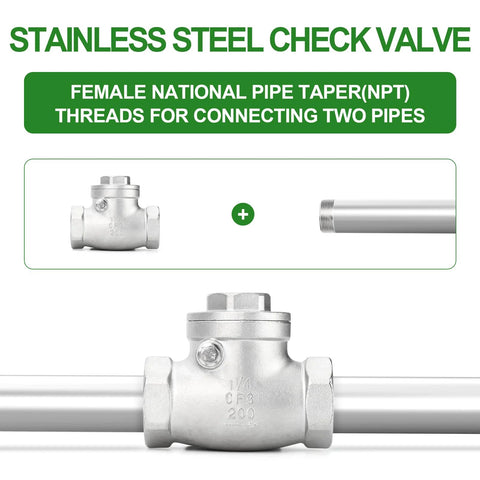 Stainless steel 1-1/4 in NPT female swing check valve for backflow prevention.