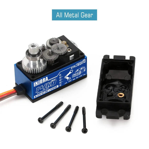 Beefy 14Kg Digital RC Servo With Full Metal Gears And Dual Ball Bearings displayed with cover off showing internal gears.