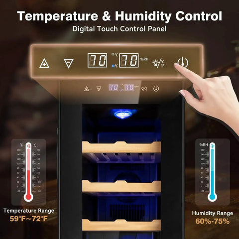 Digital touch panel on 35L Temperature And Humidity Controlled Cooler Cabinet With Spanish Cedar Shelves And Safety Lock, 300 Count Capacity.