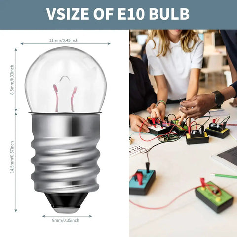 Diagram of E10 bulb dimensions and students using 20 Pack E10 Mini Light Bulbs With E10 Screw Base for circuit experiments.