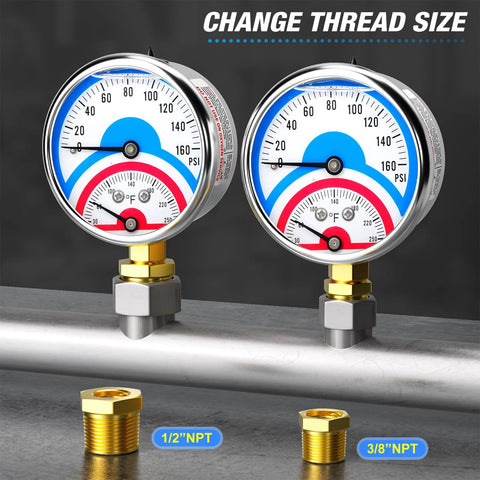 Two MEANLIN stainless steel pressure gauges, 2.5 in face, 0-160 psi, 30-250°F, liquid-filled, with 1/2 in and 3/8 in NPT bushings, lower mount