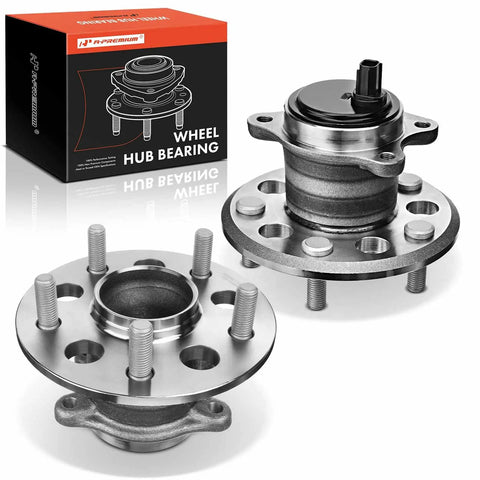 Two Pack Rear Wheel Bearing And Hub Assembly With ABS And 5 Lug Fit For Toyota Camry 2012 To 2017 And Avalon 2013 To 2018 Heavy Load Capacity Ball Bearing Replacement shown in packaging with parts displayed