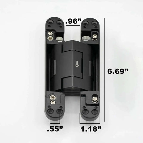 Heavy-Duty Self Soft-Closing Hidden Door Hinge For Commercial And Residential Doors Concealed Metal Hardware dimensions shown