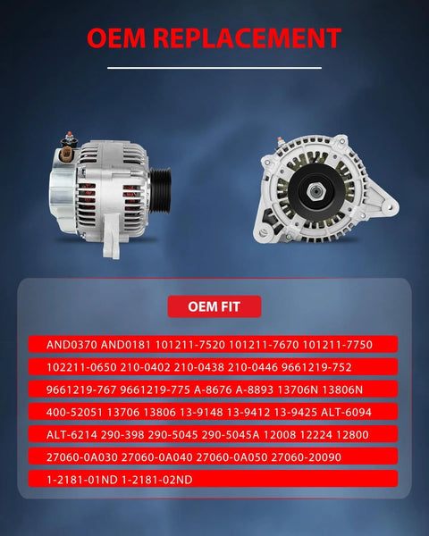 Beefed Up 100 Amp Alternator For Toyota Avalon And Sienna 1998 To 2004 Replacement, front and side view, OEM fitment