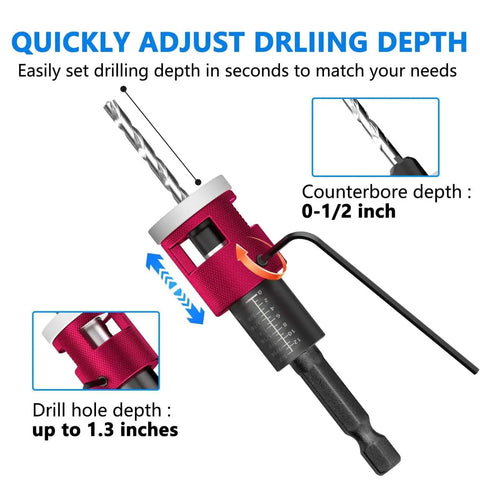 5 Piece Countersink Drill Bit Set With Adjustable Depth Stop And Quick Change Quarter Inch Hex Shank For Woodworking shown in use