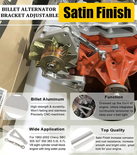 Adjustable Billet Alternator Bracket Kit For Chevy Small Block V8 With Long Water Pump Polished Aluminum Fits 305 327 350 383 5.0L 5.7L Engines For V Belt Hot Rod And Truck Builds - satin finish, installed on engine