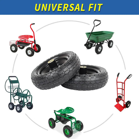 10 Inch Flat Free Solid Tire And Wheel Replacement For Carts And Hand Trucks with universal fit for various garden tools and trolleys.