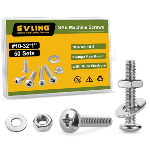 Package of 10-32 Pan Head Machine Screws with Nuts and Flat Washers Kit, 304 Stainless Steel, Phillips Drive, 50 Sets