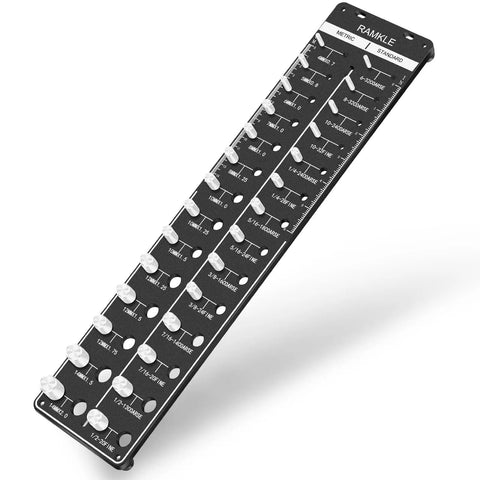 Thread Checker For Nuts And Bolts 14 Standard And 14 Metric Sizes Thread Pitch Gauge Aluminum Wall Mount Identifier viewed from the front.