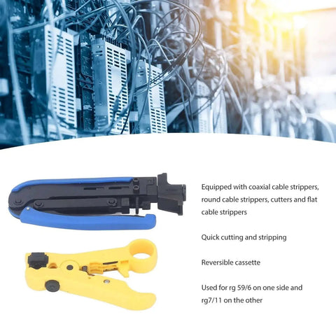 Pro Grade Coaxial Cable Crimp And Strip Kit With 10 RG6 F Connectors And Adjustable F Head for RG6 RG59 RG11 displayed