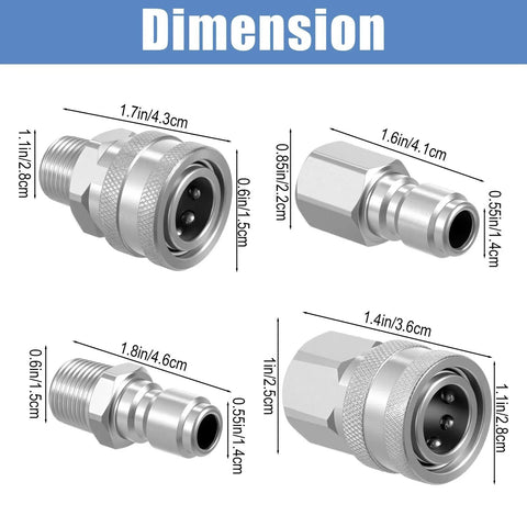 Eight Piece Pro Grade Stainless Steel Pressure Washer Quick Connect Fittings Kit Three Eighths Inch NPT Male And Female Adapters