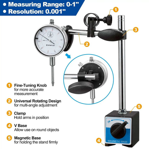 Dial Indicator With Magnetic Base For Precision Alignment And Measurement 0 To 1 Inch Range, 0.001 Inch Resolution, Long Arm Design