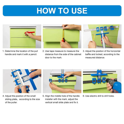 Step-by-step guide using Fast Setup Cabinet Hardware Jig With Punch Locator Drill Guide And Dowelling Template on drawers.