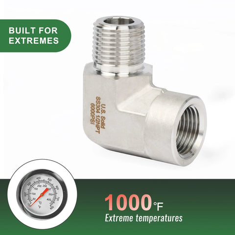 U.S. Solid 304 stainless steel 90-degree street elbow, male x female threads, high-pressure 6000 psi