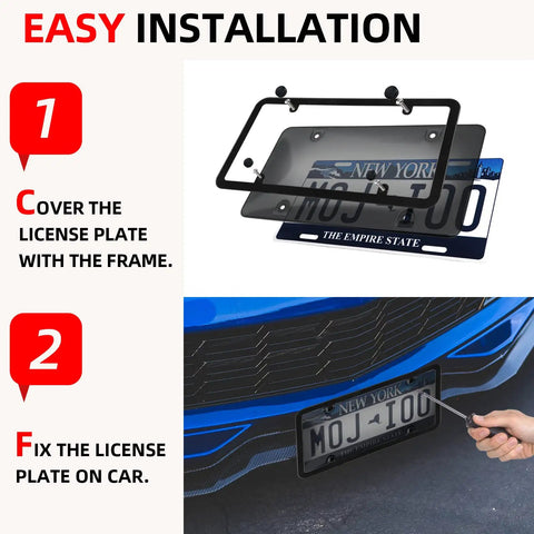 2 Pack Smoked License Plate Covers And Frame Shield Combo For Cars Slick Durable Unbreakable Tinted Cover Bubble Design Plate Holder With Screws And Caps Fits All Standard US Plates Black installation steps showing frame and license plate alignment.