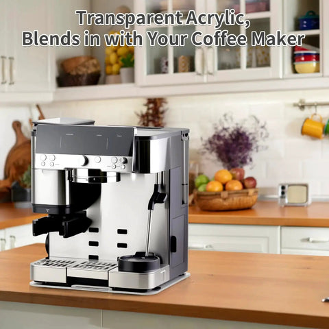 Ninja espresso machine on kitchen counter; stainless steel, front view with transparent acrylic sliding tray accessory.