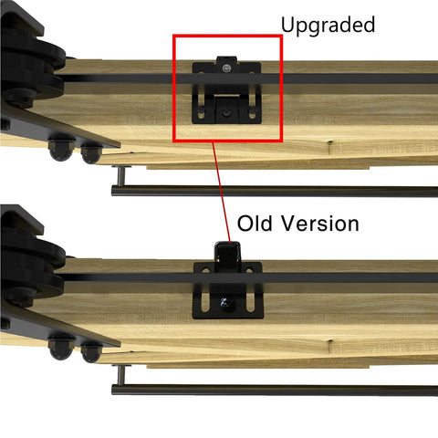 Comparison of upgraded vs old barn door hardware tracks showing 2 Pack Ultra Smooth Soft Close Barn Door Hardware Kit With Spring Buffer Damper Hole Free Track Quiet Close System Adjustable Door Stoppers Fits 60-176 Lbs Doors Durable ABS Construction Upgraded 2022 Design