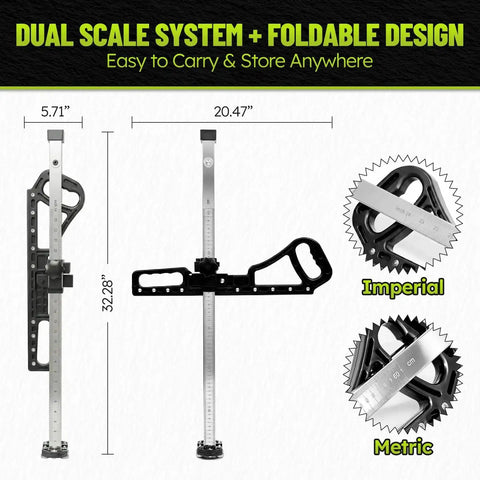 Foldable Drywall Cutter With Short Safety Blades And 10 Blade Storage, Deburring Scraper, Metric And Imperial Scale, Adjustable Cut Height, Fits 1/4 In, 3/8 In, 1/2 In, And 5/8 In Boards, Blade Storage Slot Included in dual scale system view