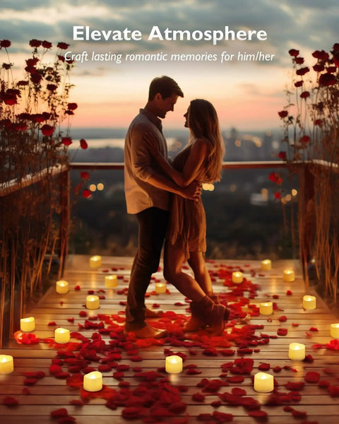 Couple surrounded by Flickering LED Tea Lights 24Pcs Battery Operated For Votive Centerpieces on a rose petal-covered walkway.