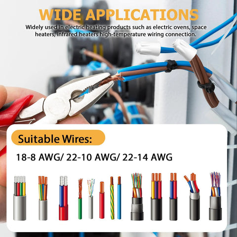 Ceramic wire nuts set, 70 pcs in S/M/L sizes for high-temp wiring in ovens and heaters; shown with pliers twisting copper wire.