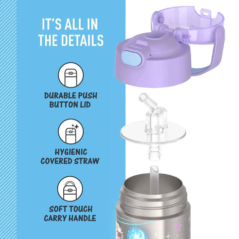 Kids Stainless Steel Water Bottle With Straw And Lid, 12 Ounce Vacuum Insulated details of lid, straw, and handle design