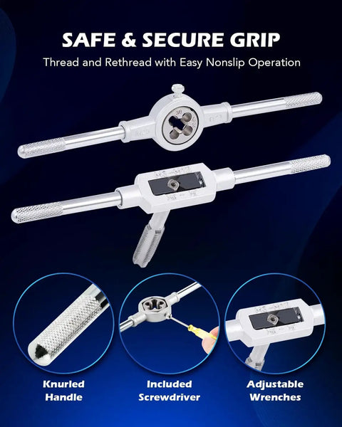 SAE Tap and Die Set For Thread Repair and Rethreading Internal and External Threads In SAE Sizes Four Through Twelve, 34 Piece Kit