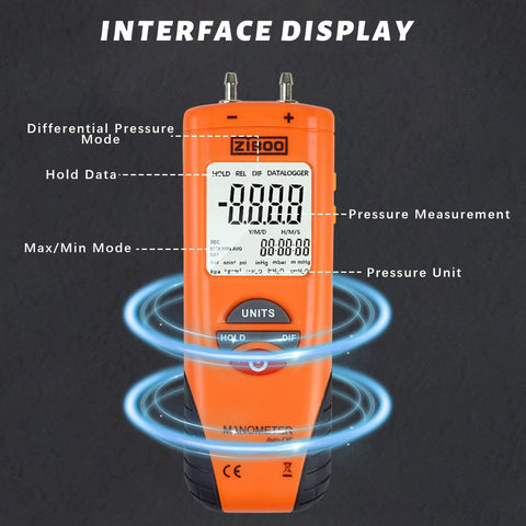 ZIBOO ET1013 digital manometer with large backlit LCD, orange handheld HVAC gas pressure tester with dual ports.